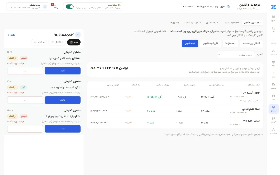 موجودی و تأمین در ضربدر همکار؛ موجودی فیزیکی، تعهد مشتری و پوزیشن خالص