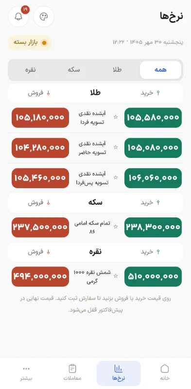 نرخهای خرید و فروش طلا، سکه و نقره در پنل مشتری ضربدر همکار