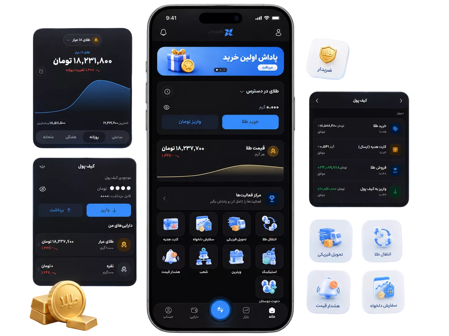 نمای کلی اپلیکیشن خرید و فروش طلای آبشده ضربدر؛ داشبورد قیمت لحظه‌ای طلا، کیف پول طلا و ریال، تاریخچه تراکنش‌ها و امکاناتی مانند تحویل فیزیکی، انتقال طلا و هشدار قیمت